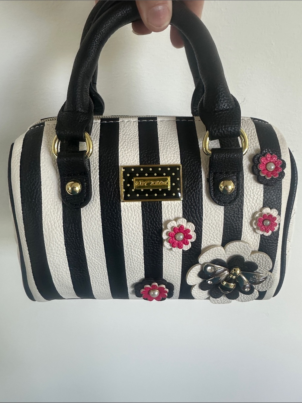 Betsey Johnson Black & White Striped Floral Appliqué Satchel Crossbody NWOT